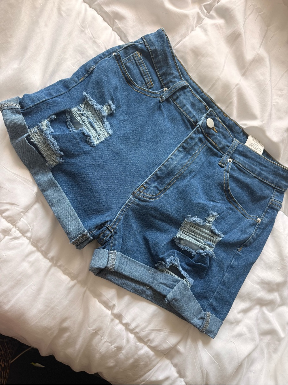 High-Rise Distressed Denim Shorts - Blue